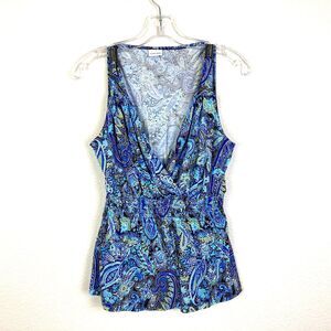 Lascana Womens Babydoll Tank Top Size 4/6 Blue Paisley Floral Smocked Waist Boho